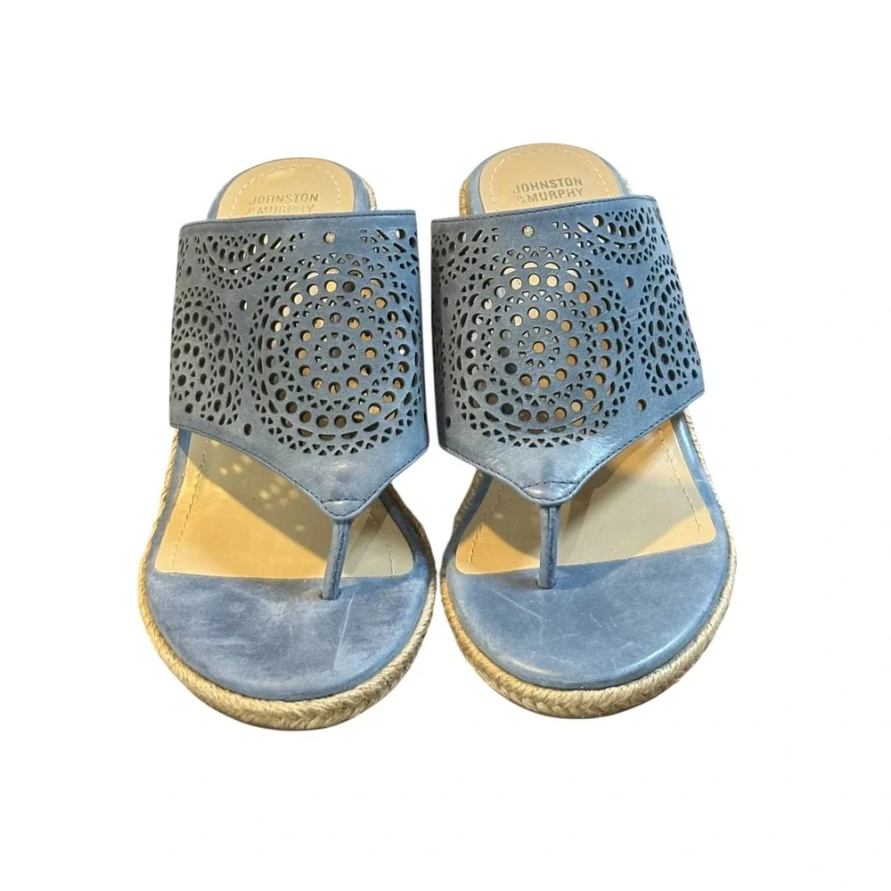 Johnston & Murphy Wedge Sandals Womens 8‎ Blue Laser Cut Espadrille Thong Mules